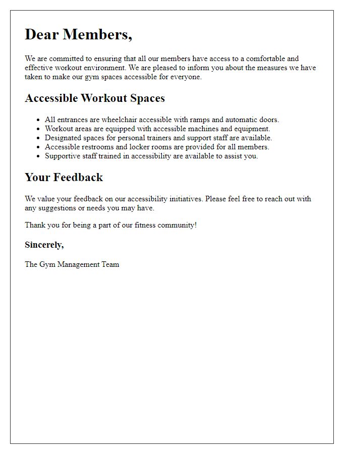 Letter template of accessible workout spaces in your gym.