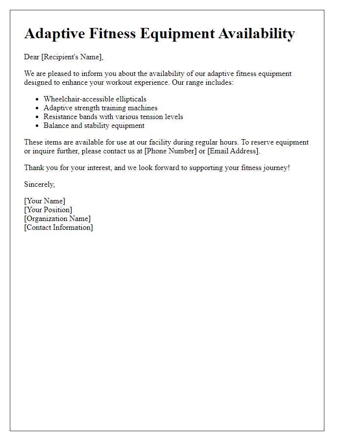 Letter template of adaptive fitness equipment availability.