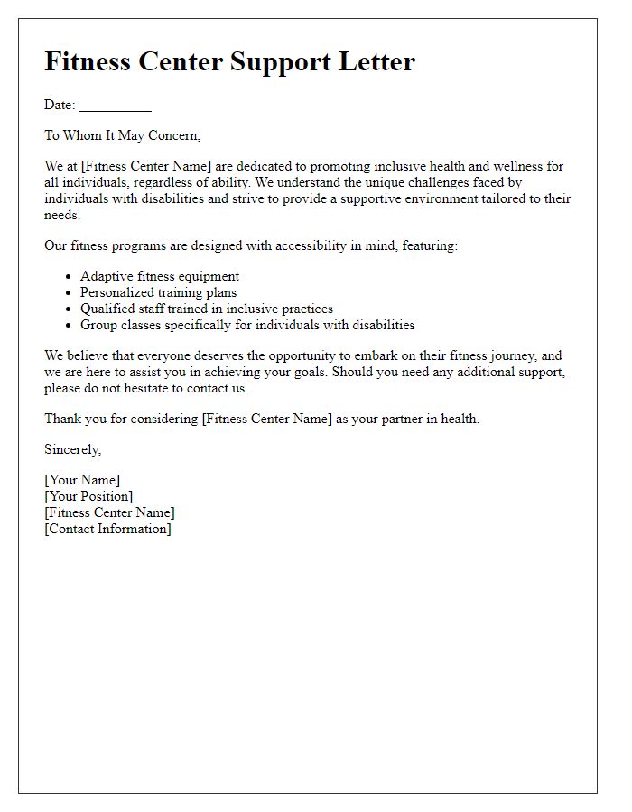 Letter template of fitness center support for individuals with disabilities.