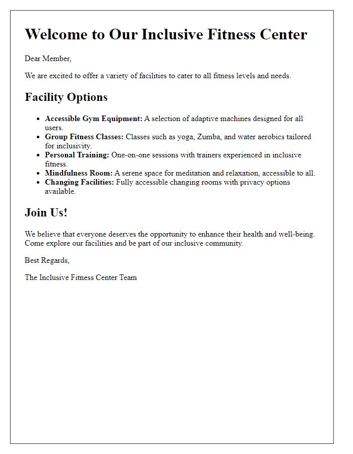 Letter template of inclusive fitness center facility options.
