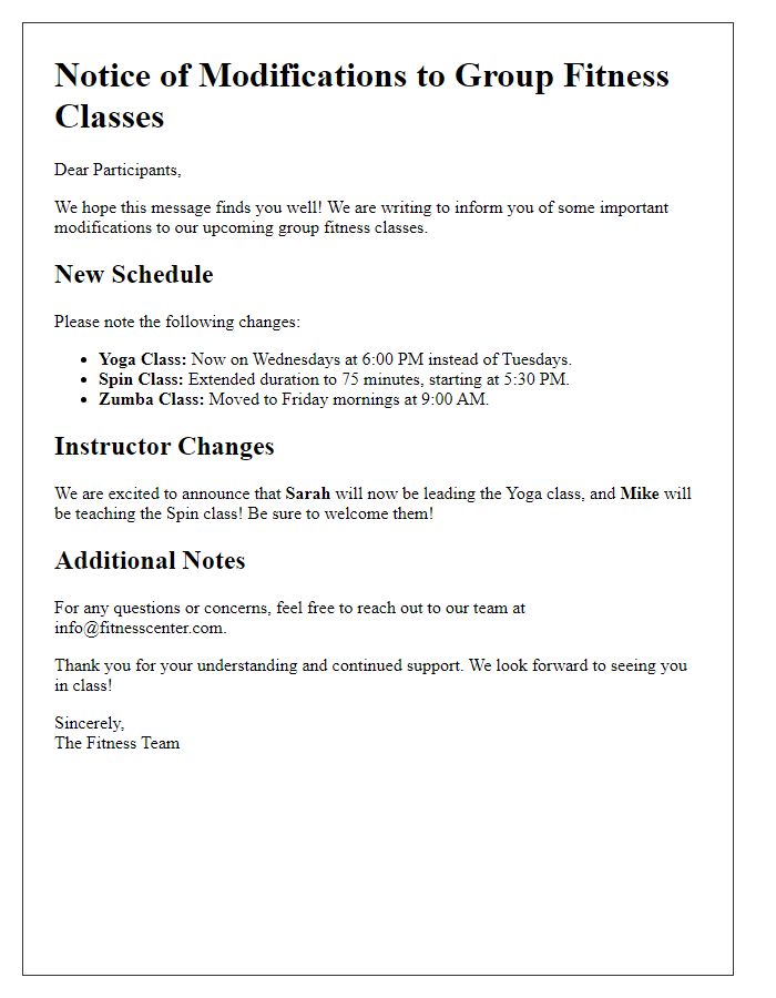 Letter template of modifications for group fitness classes.