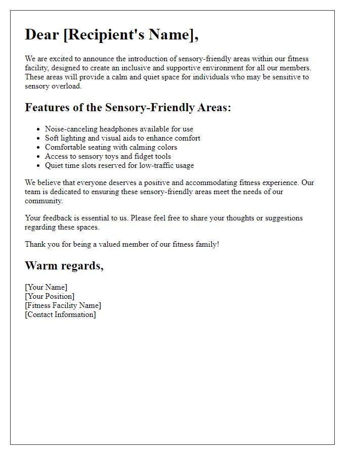 Letter template of sensory-friendly areas in the fitness facility.