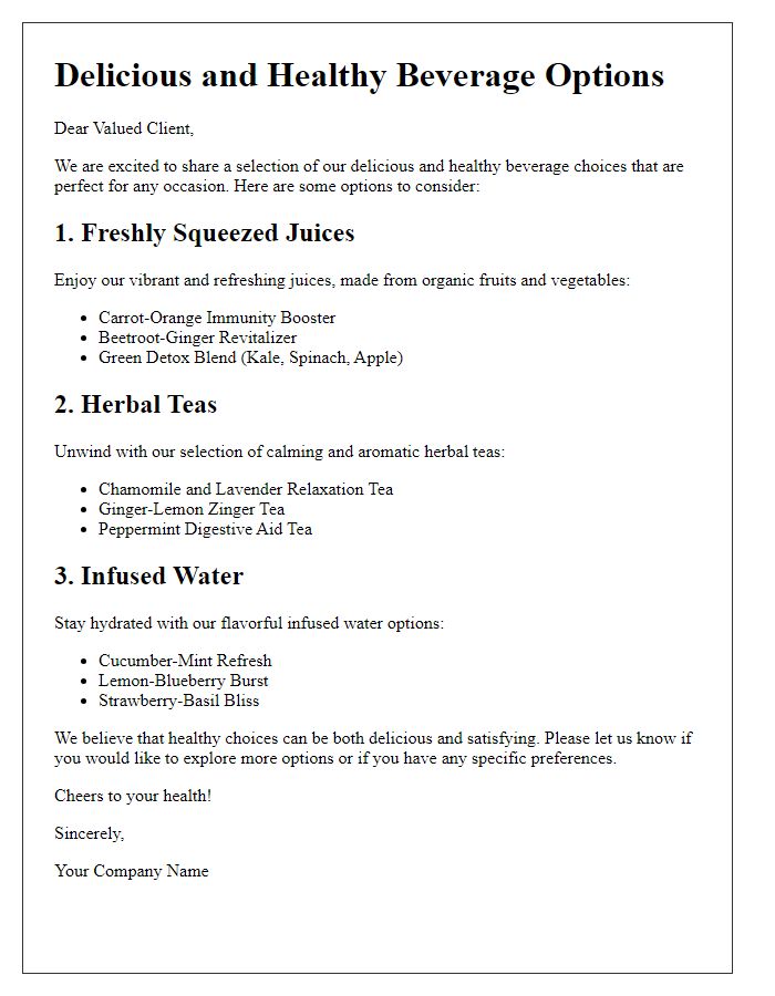 Letter template of delicious and healthy beverage choices for clients.