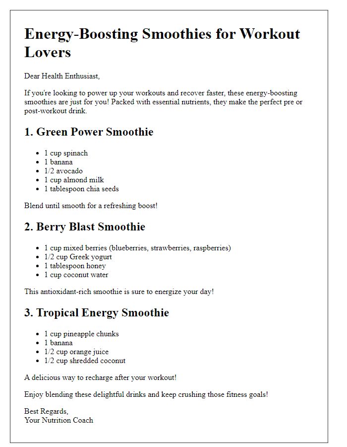 Letter template of energy-boosting smoothies for workout lovers.