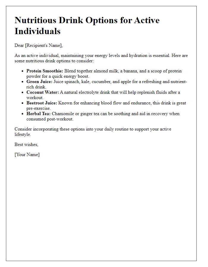 Letter template of nutritious drink options for active individuals.