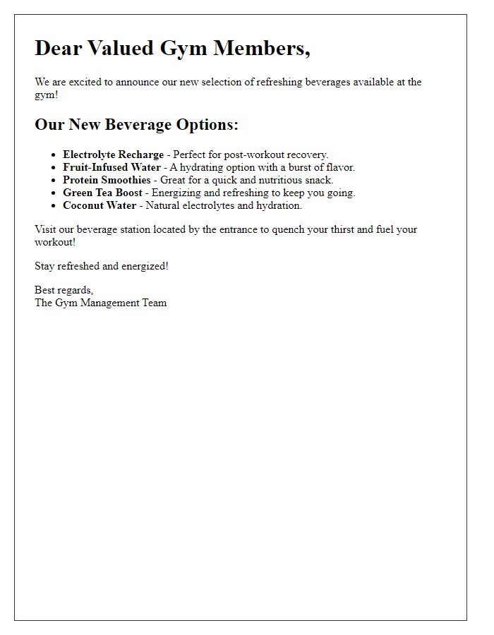 Letter template of refreshing beverage selection for gym members.