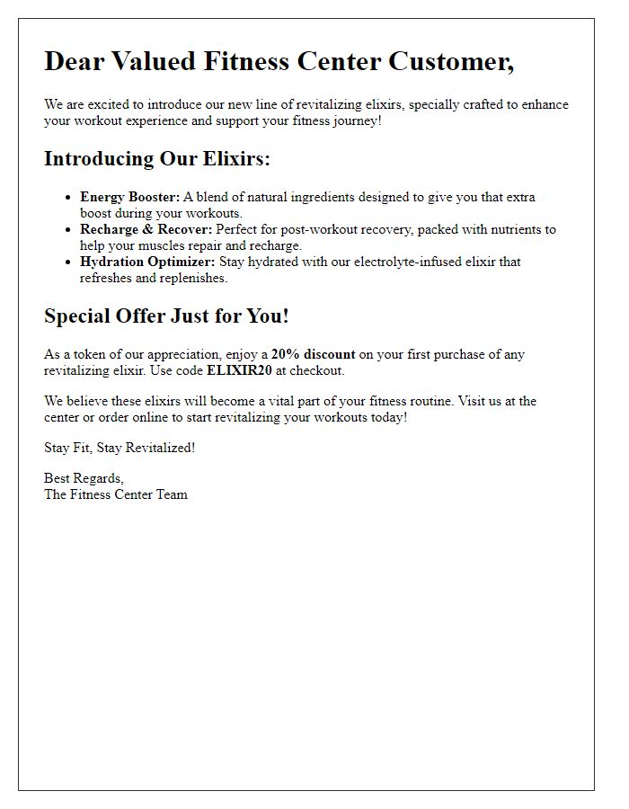 Letter template of revitalizing elixirs for fitness center customers.