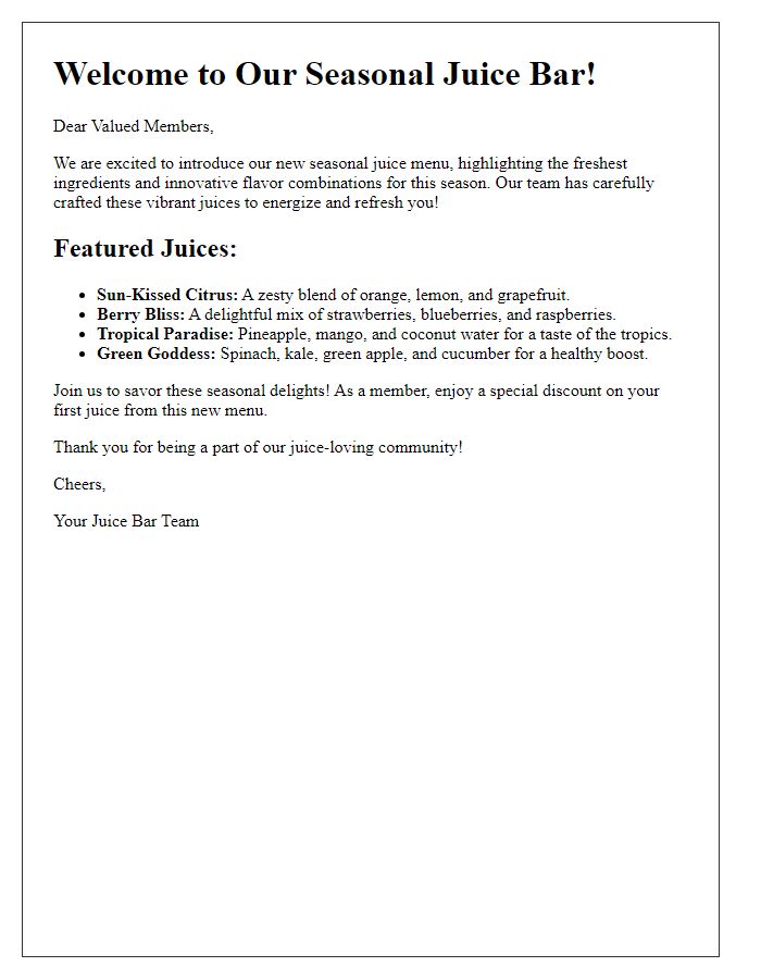 Letter template of seasonal juice bar menu introduction for members.