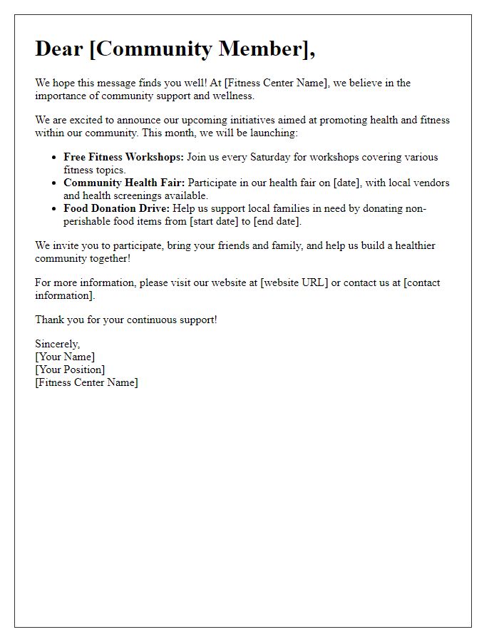 Letter template of fitness center community support initiatives.