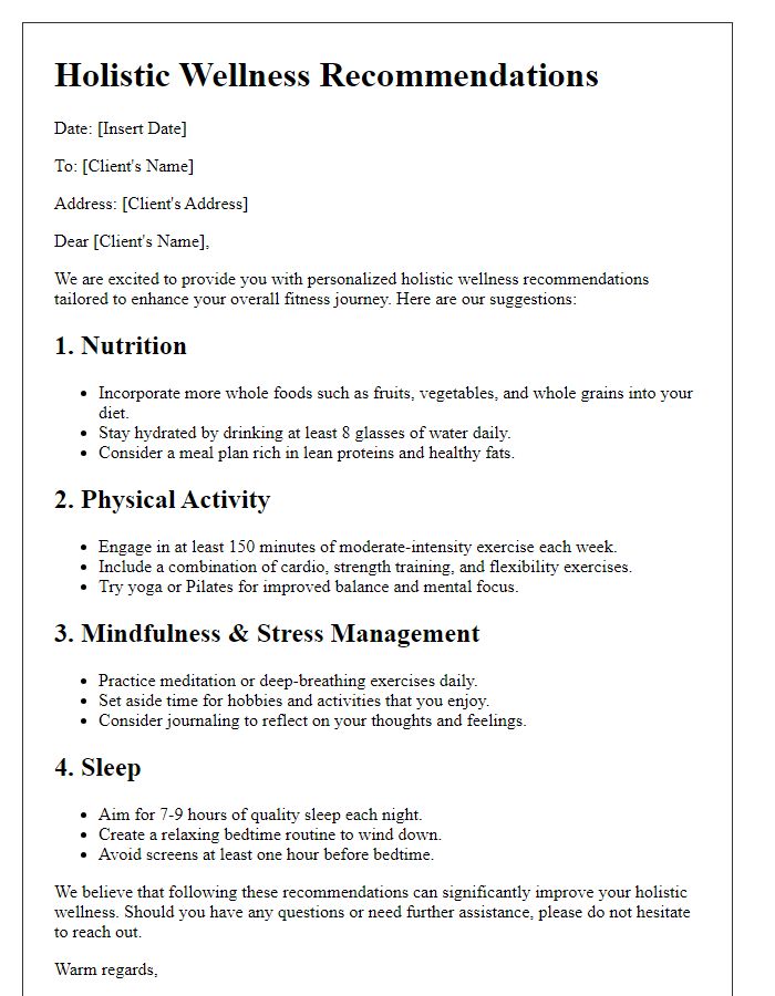 Letter template of fitness center holistic wellness recommendations.