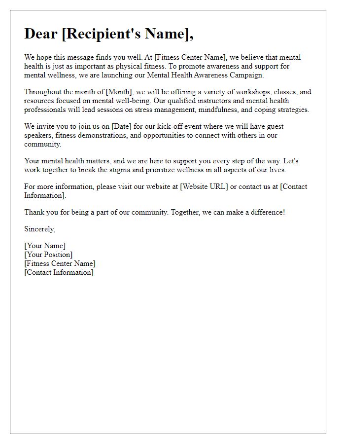 Letter template of fitness center mental health awareness campaign.