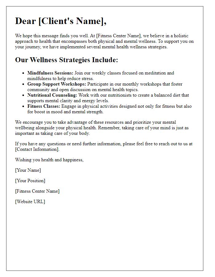 Letter template of fitness center mental health wellness strategies.