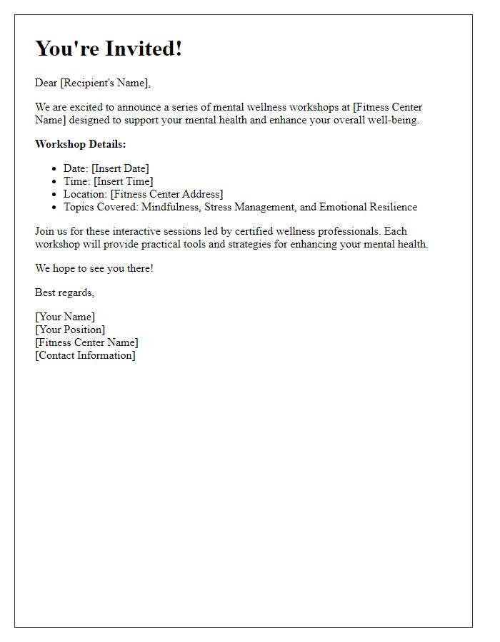 Letter template of fitness center mental wellness workshops invitation.