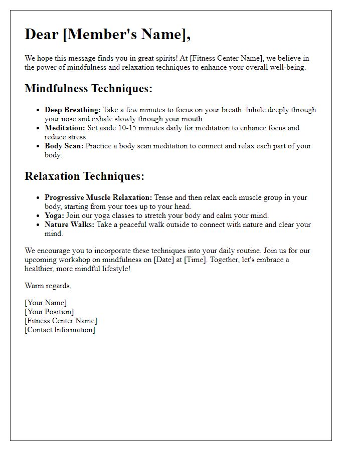 Letter template of fitness center mindfulness and relaxation techniques.