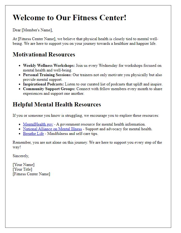 Letter template of fitness center motivational mental health resources.