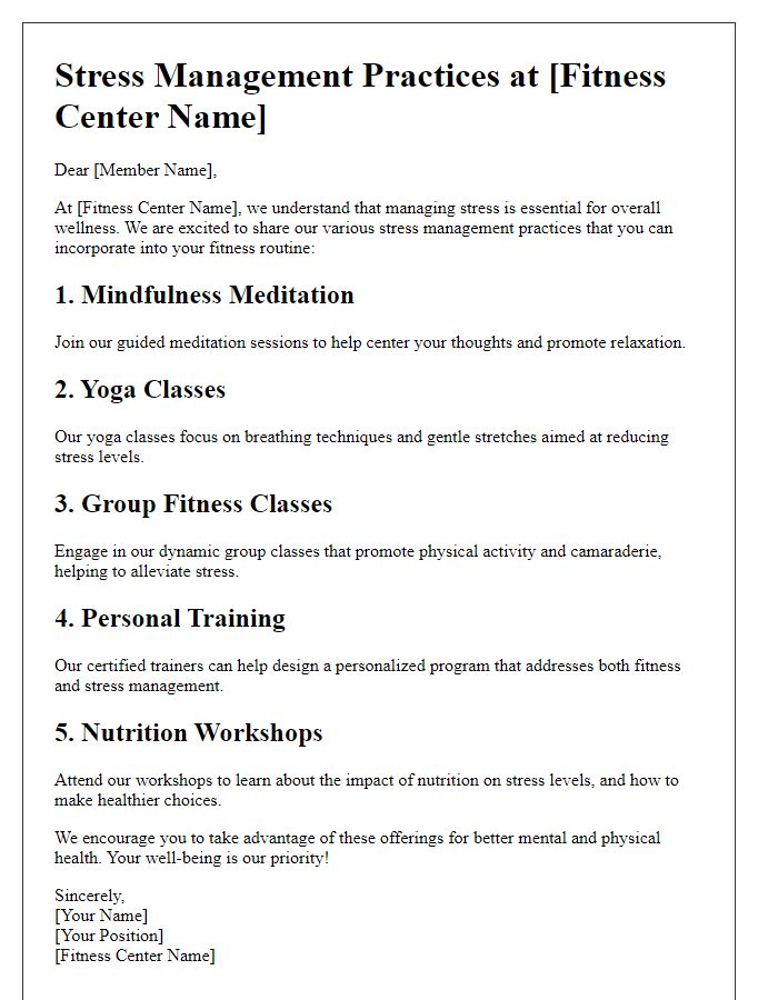 Letter template of fitness center stress management practices.