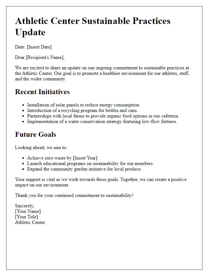 Letter template of Athletic Center Sustainable Practices Update