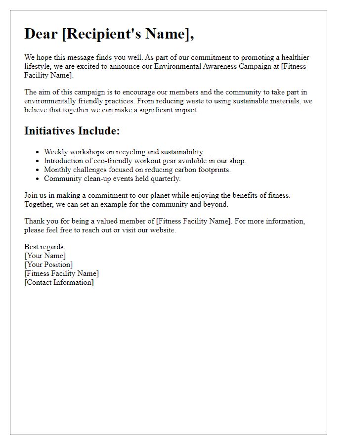 Letter template of Fitness Facility Environmental Awareness Campaign