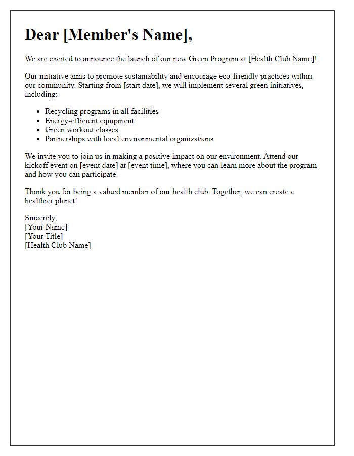 Letter template of Health Club Green Program Launch