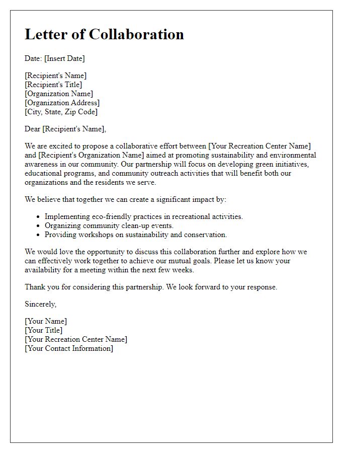 Letter template of Recreation Center Green Partnership Collaboration