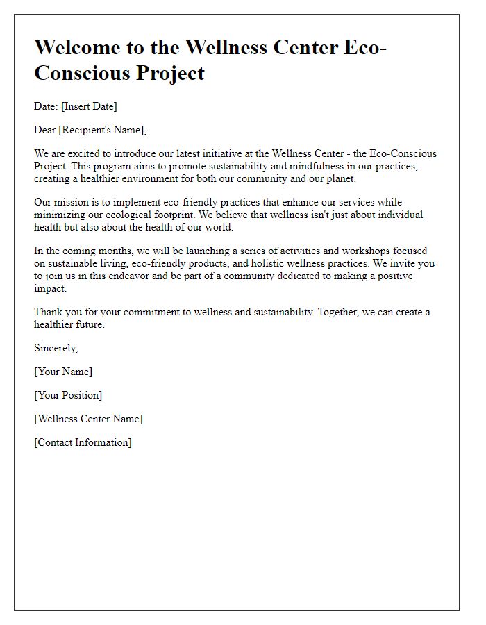 Letter template of Wellness Center Eco-Conscious Project Introduction