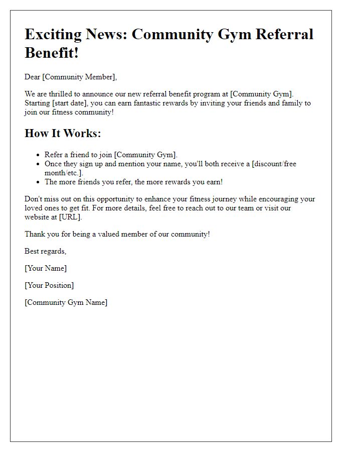 Letter template of community gym referral benefit announcement
