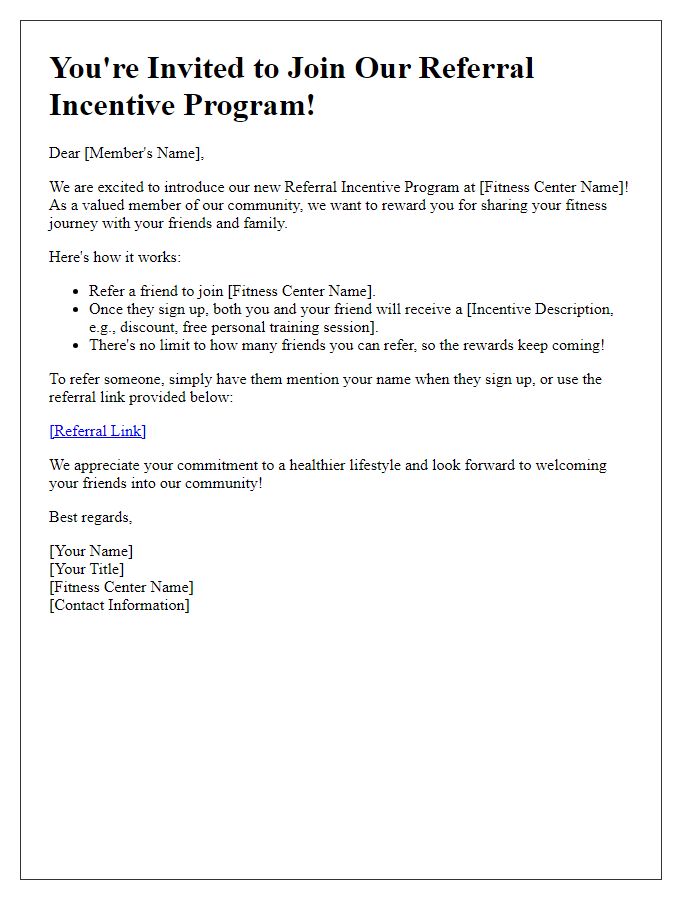 Letter template of fitness center referral incentive program invitation