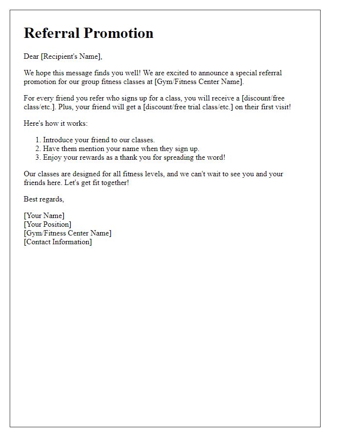 Letter template of group fitness class referral promotion