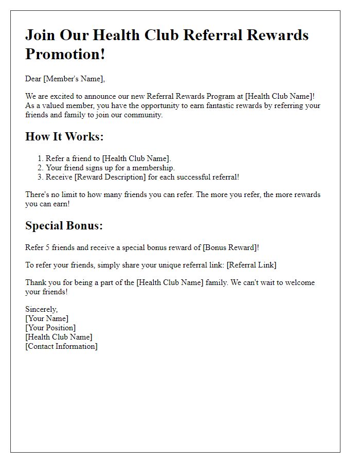 Letter template of health club referral rewards promotion