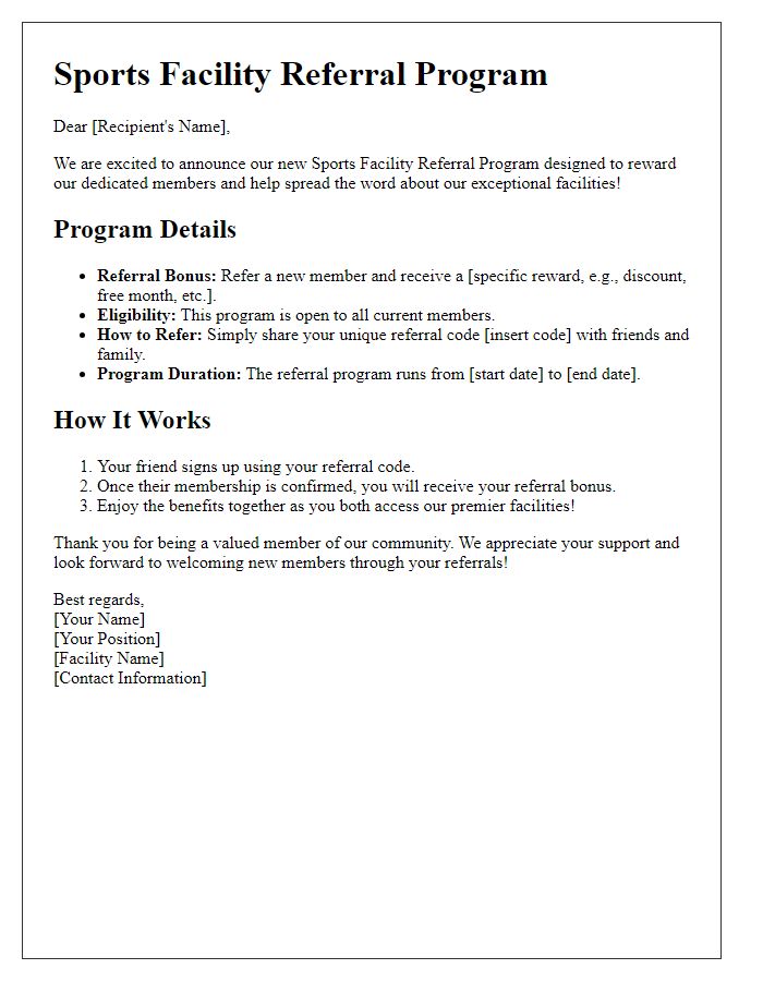 Letter template of sports facility referral program details