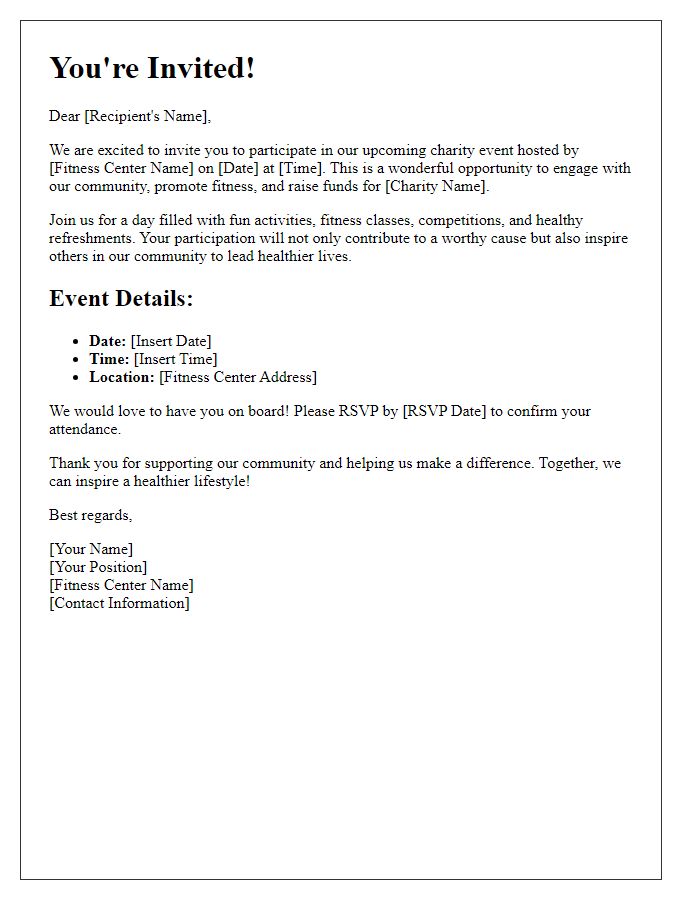 Letter template of community engagement invitation for fitness center charity event.