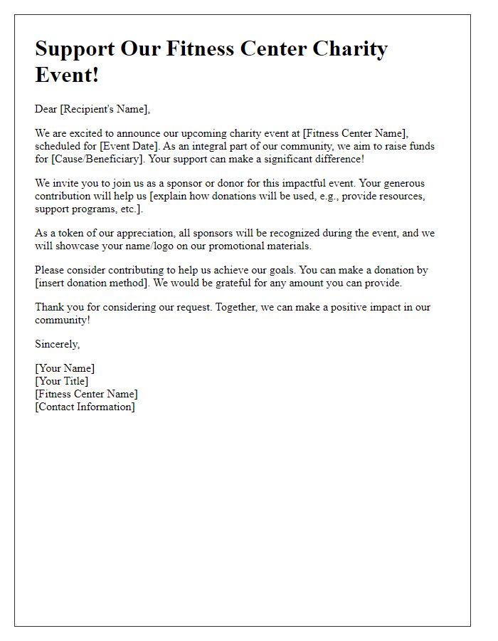 Letter template of donation appeal for fitness center charity event.