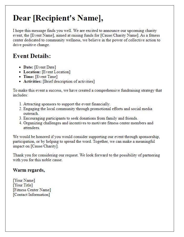 Letter template of fundraising strategy for fitness center charity event.