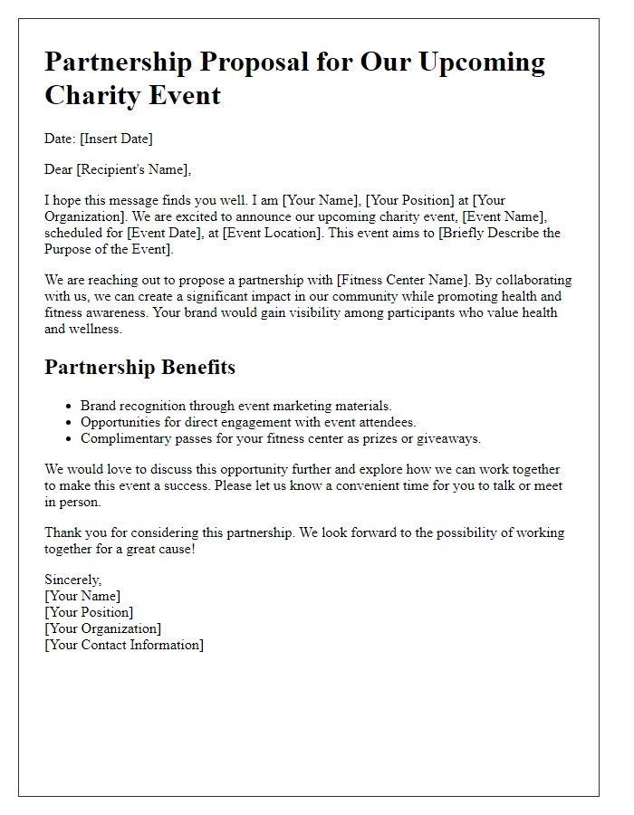 Letter template of partnership proposal for fitness center charity event.