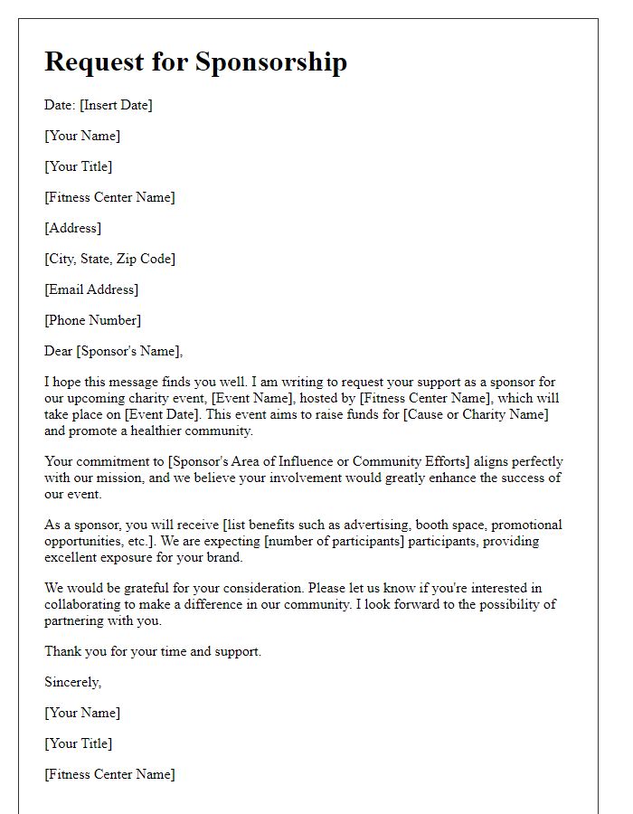 Letter template of sponsorship request for fitness center charity event.