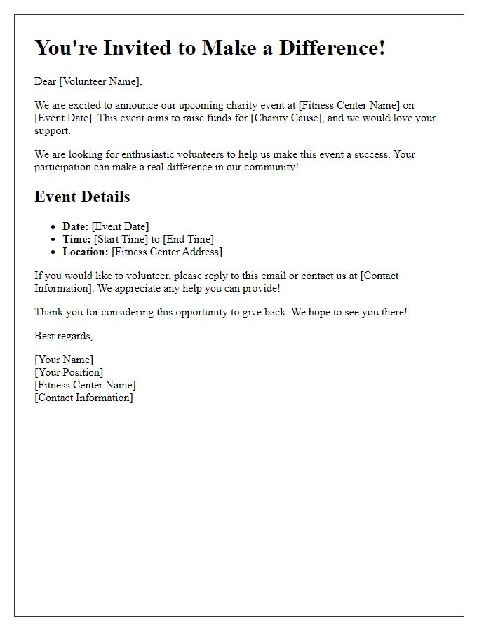 Letter template of volunteer invitation for fitness center charity event.