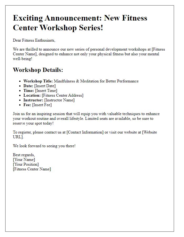 Letter template of announcement for new fitness center personal development workshop series