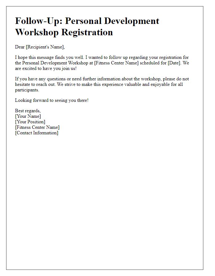 Letter template of follow-up on fitness center personal development workshop registration