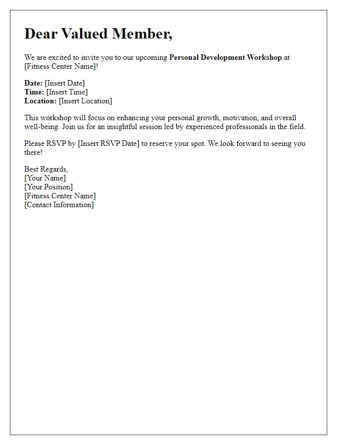 Letter template of invitation to fitness center personal development workshop for members