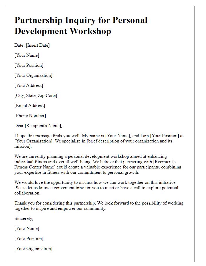 Letter template of partnership inquiry for fitness center personal development workshop