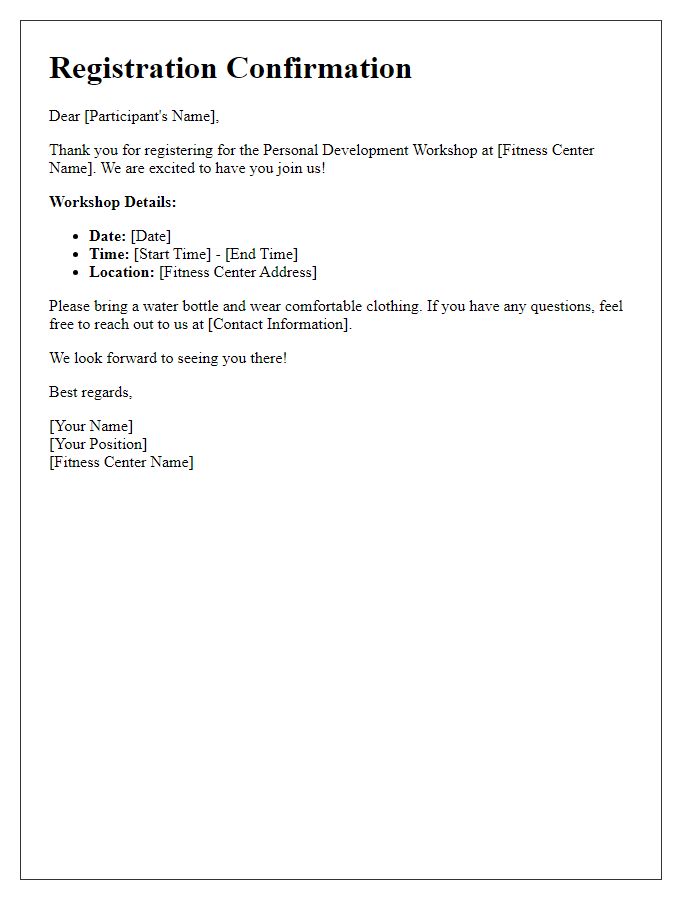 Letter template of registration confirmation for fitness center personal development workshop