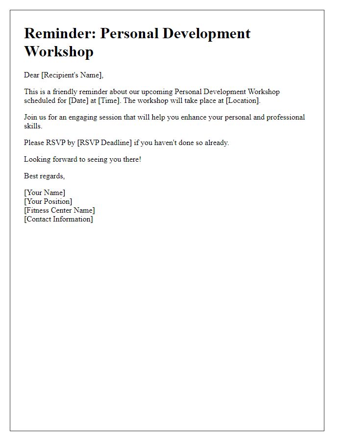 Letter template of reminder for upcoming fitness center personal development workshop