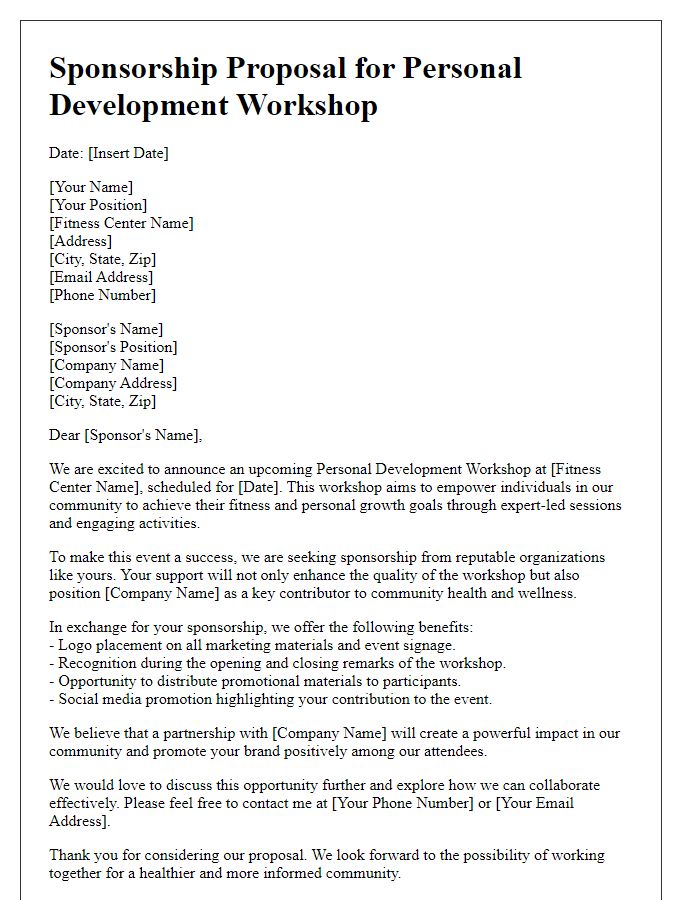 Letter template of sponsorship proposal for fitness center personal development workshop