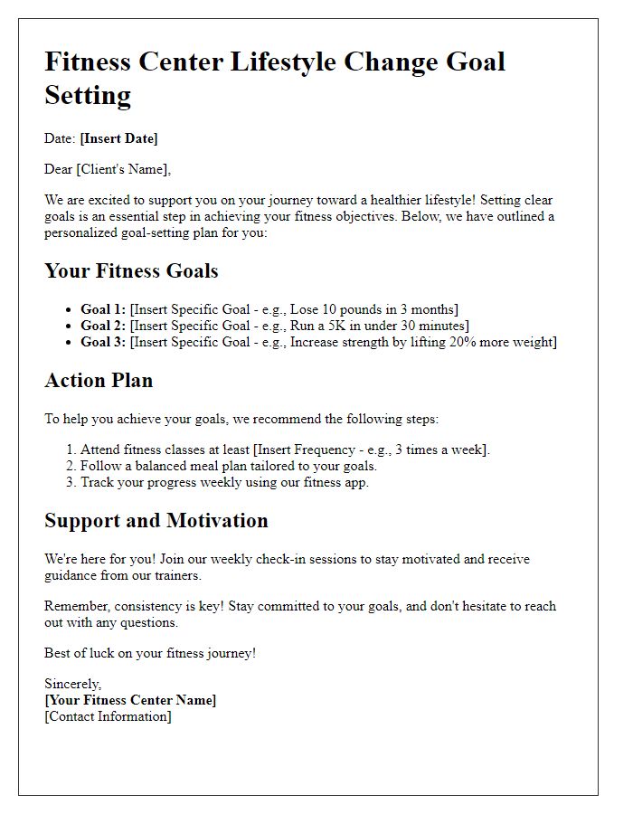 Letter template of fitness center lifestyle change goal setting