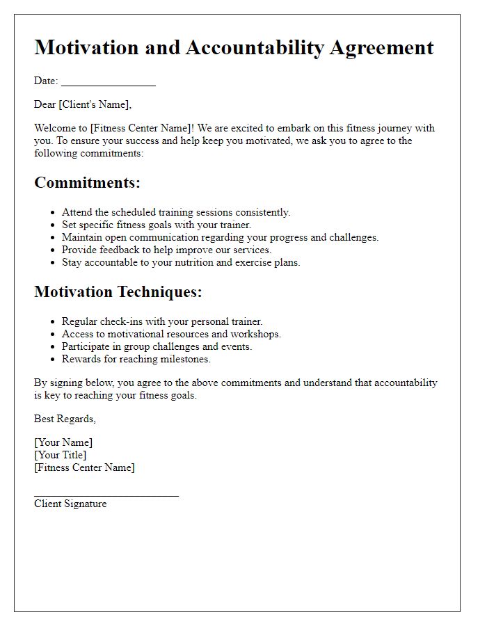 Letter template of fitness center motivation and accountability agreement