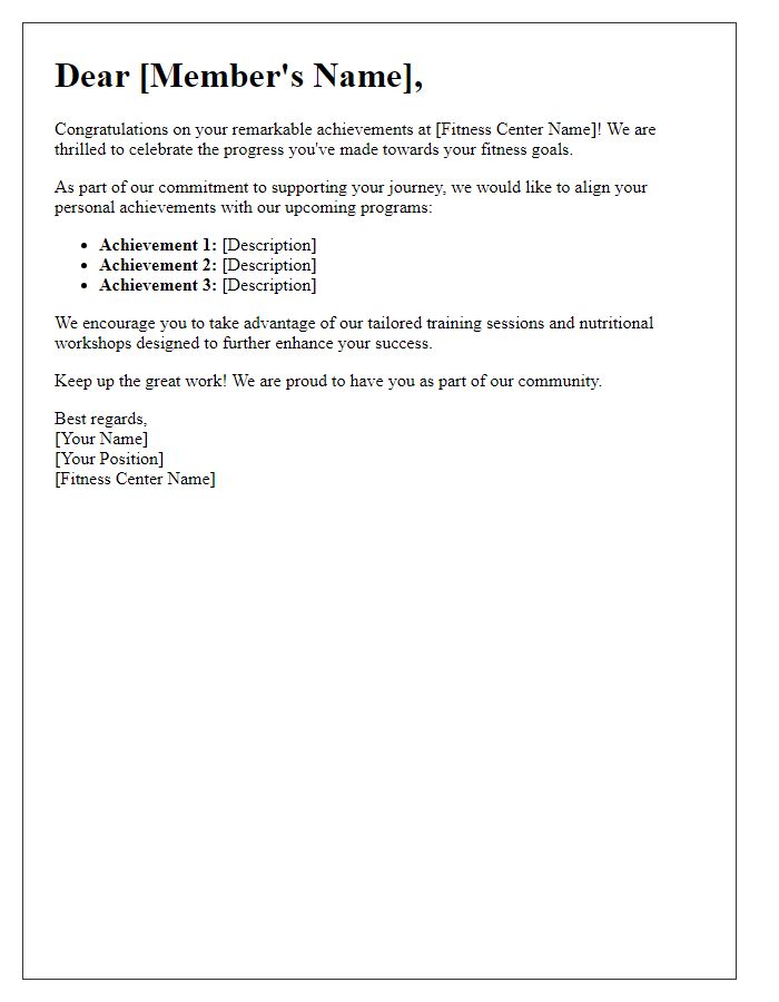 Letter template of fitness center personal achievement alignment