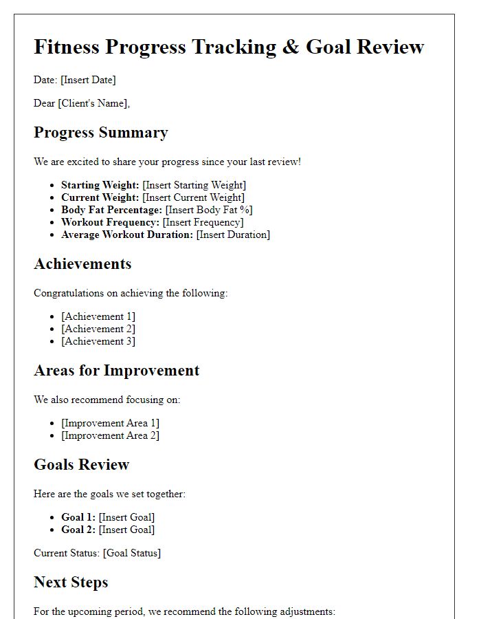 Letter template of fitness center progress tracking and goal review