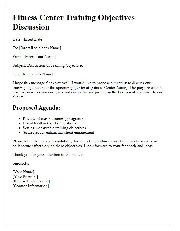 Letter template of fitness center training objectives discussion