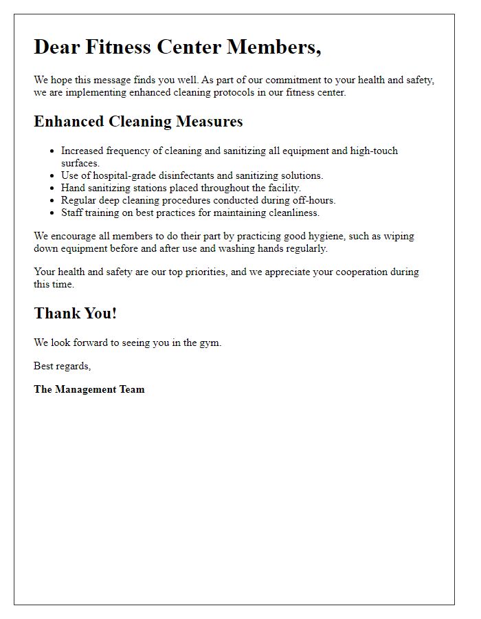 Letter template of enhanced cleaning protocols for fitness center members.