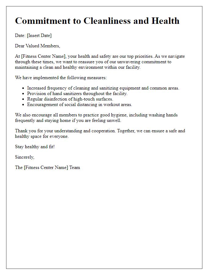 Letter template of our fitness centers commitment to cleanliness and health.